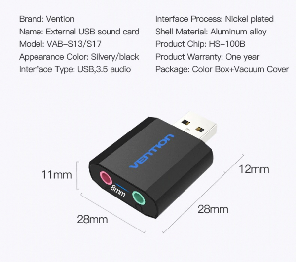 Внешняя звуковая карта USB Vention VAB-S17 (CM108B)
